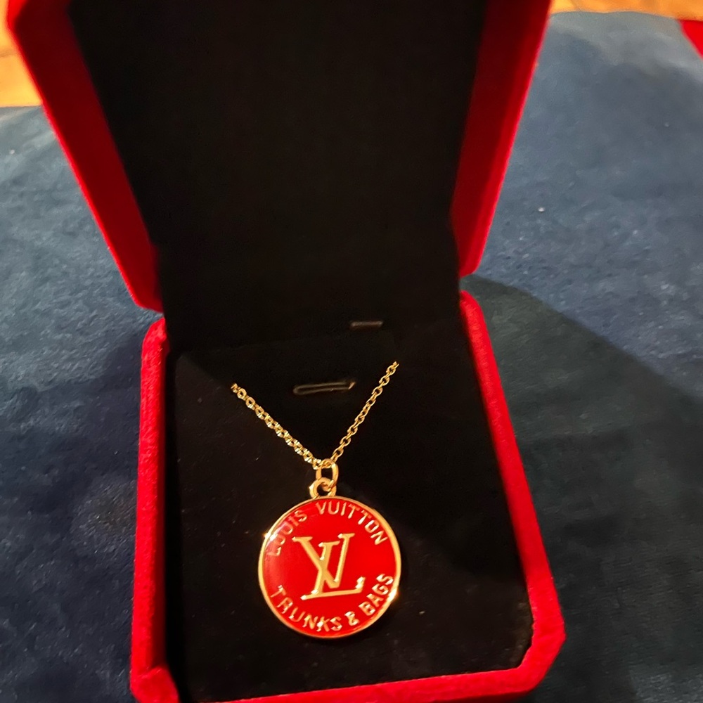 Louis Vuitton Red Enamel Logo Pendant Necklace - Gold Tone